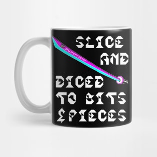 Slice And Diced To Bits and Pieces, v. Code Cyan Magenta Wht Text Mug